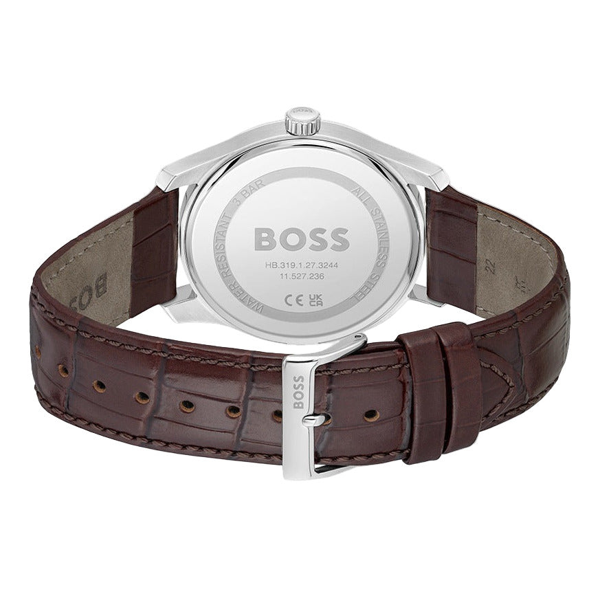 Detalle del reloj Hugo Boss Principle con correa de cuero marrón y hebilla clásica