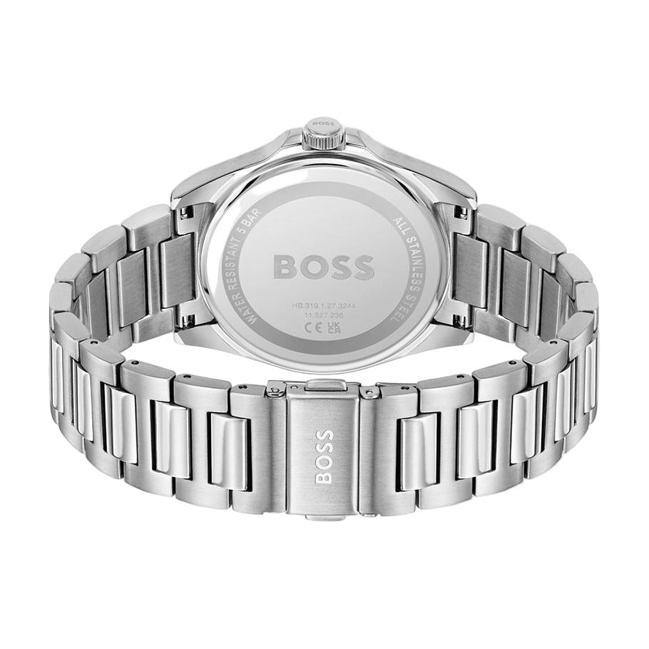 Reloj Hugo Boss con correa de acero inoxidable y fondo de caja elegante, diseñado para hombres con estilo.