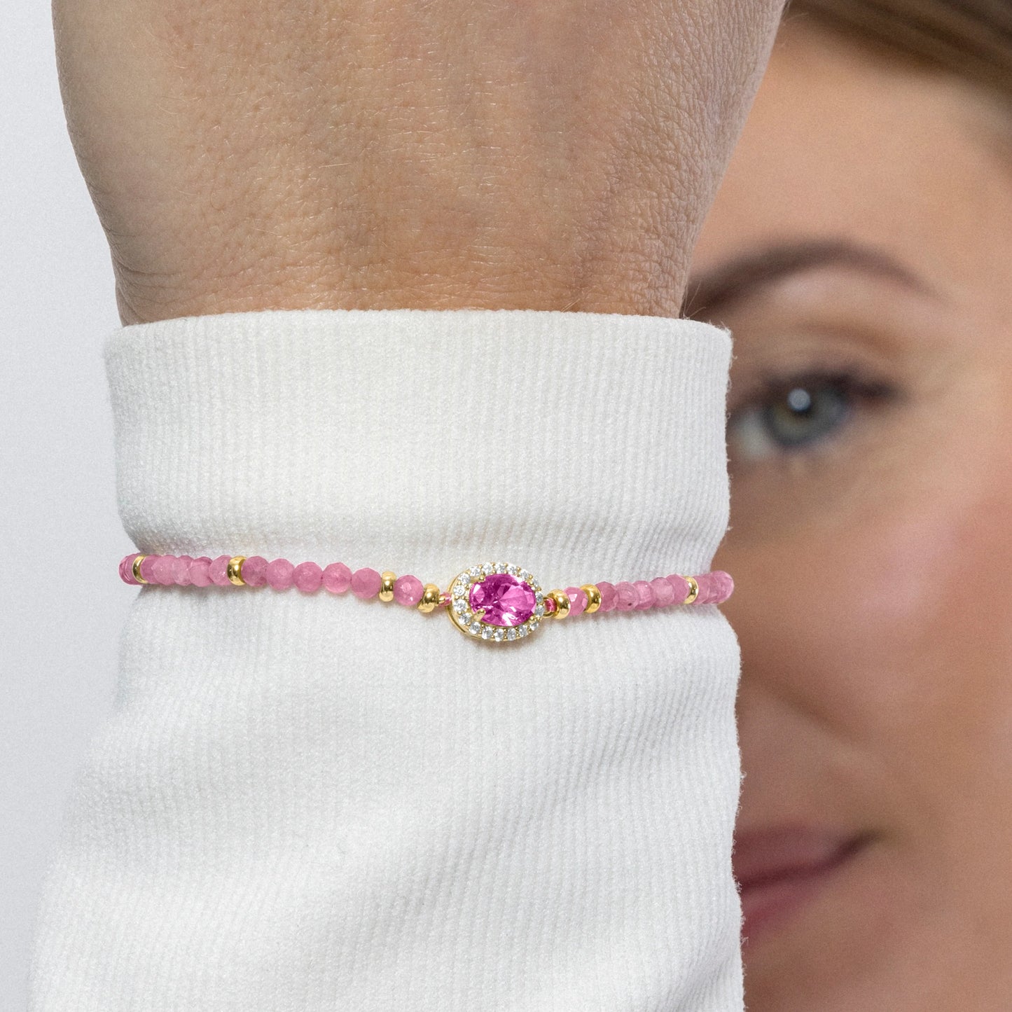 Pulsera de Plata de Ley 925 y Circonita Rosa acabada en oro amarillo de 18k - Nazki