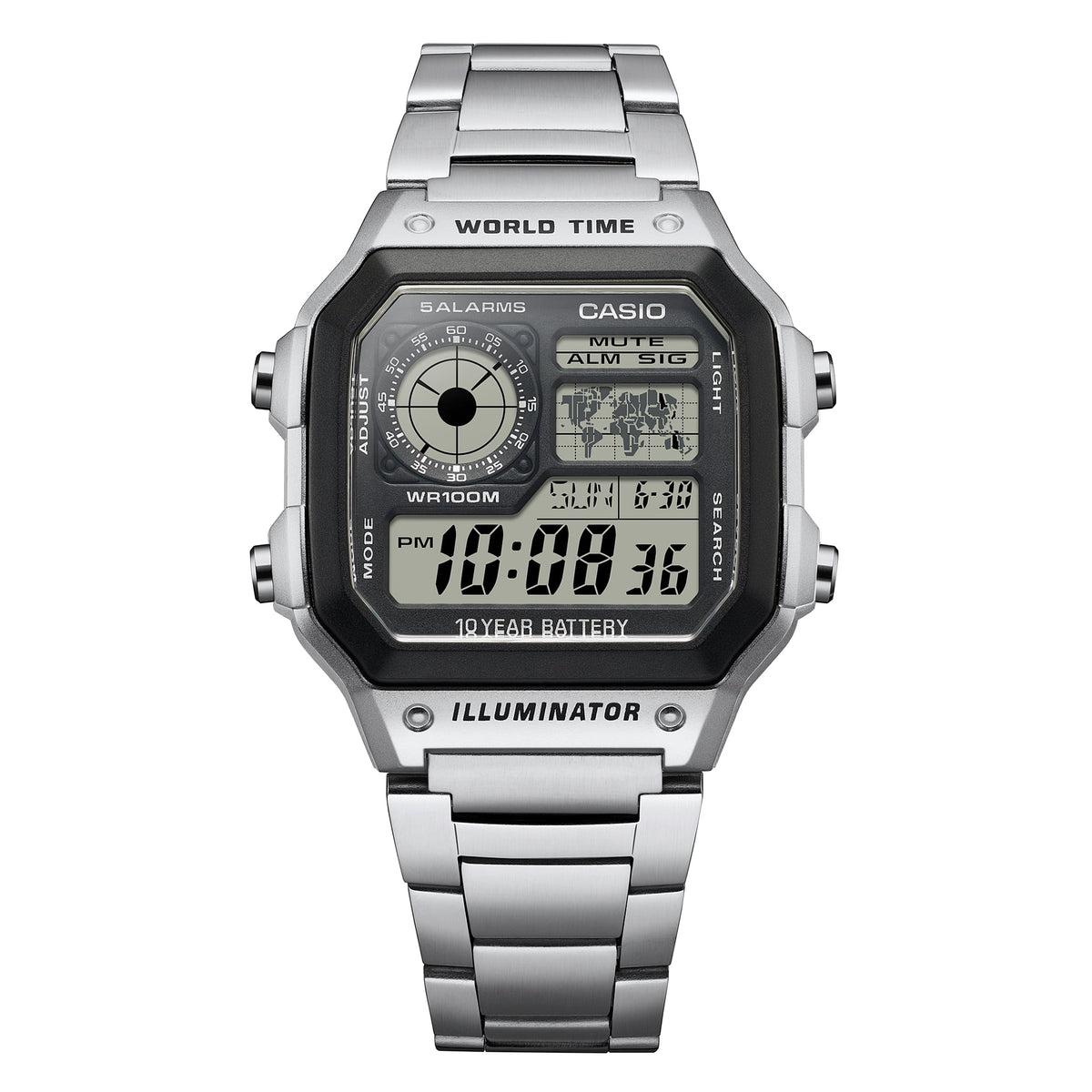 Casio AE-1200WHD-1AVEF, vista frontal con fondo blanco