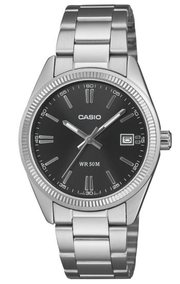 Casio UTP-1302PD-1AVEF, esfera negra, vista frontal con fondo blanco