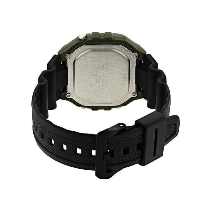Casio W-218H-3AVEF, vista trasera con fondo blanco