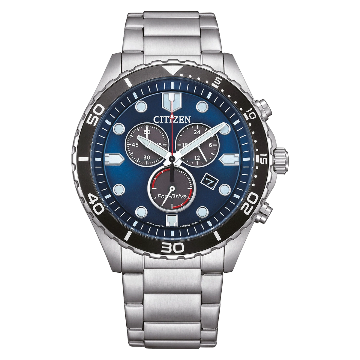 Reloj Citizen Chrono Sporty-Aqua Eco-Drive AT2560-84L de acero con esfera azul, vista frontal
