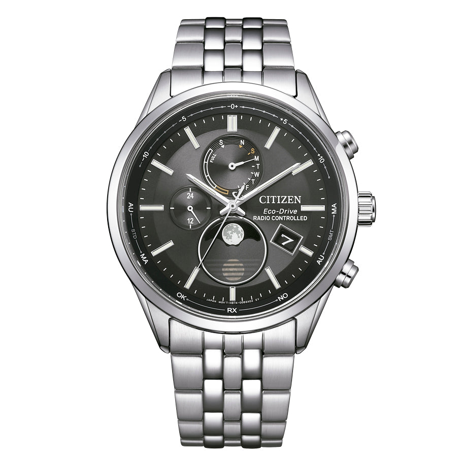 Reloj Citizen Tsuki-yomi Moon Phase BY1030-50E radiocontrolado de acero con esfera negra, vista frontal