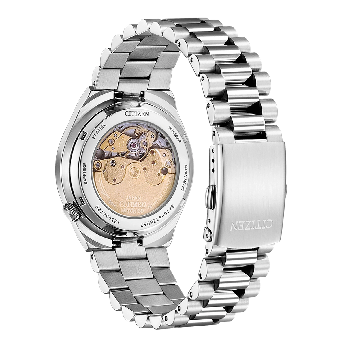 Reloj Citizen Tsuyosa NJ0151-88X de acero con esfera verde turquesa, vista trasera del movimiento