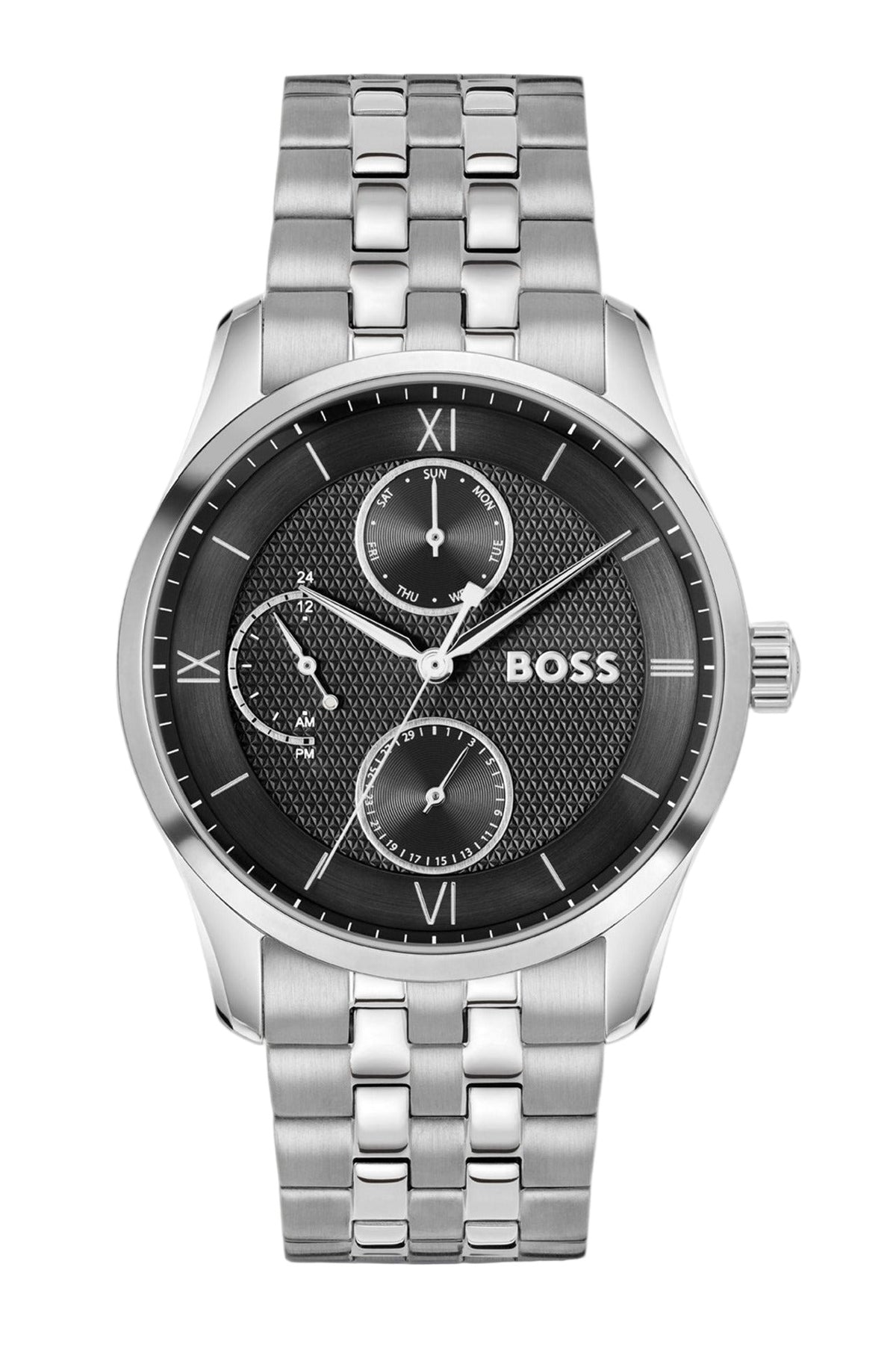 Reloj Hugo Boss Principle Master con esfera negra y pulsera de eslabones en acero plateado.