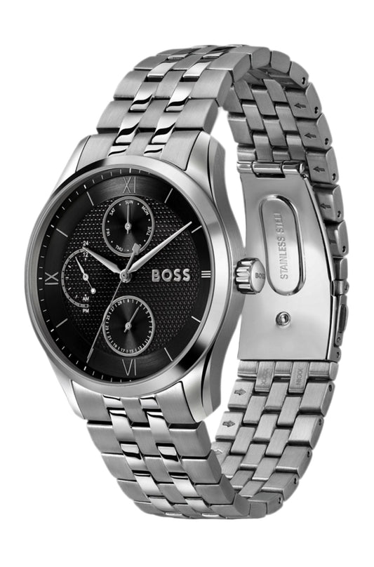 Reloj BOSS Hombre en acero plateado con esfera negra y subesferas, elegante pulsera de eslabones.