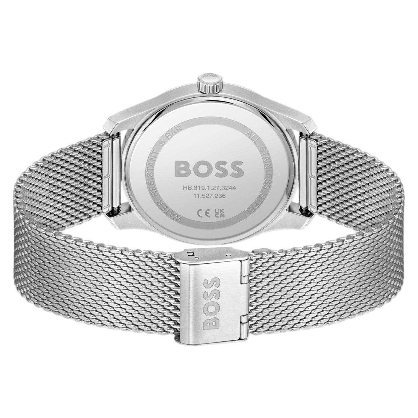 Reloj BOSS con correa de malla plateada y fondo de esfera azul, elegante y sofisticado.