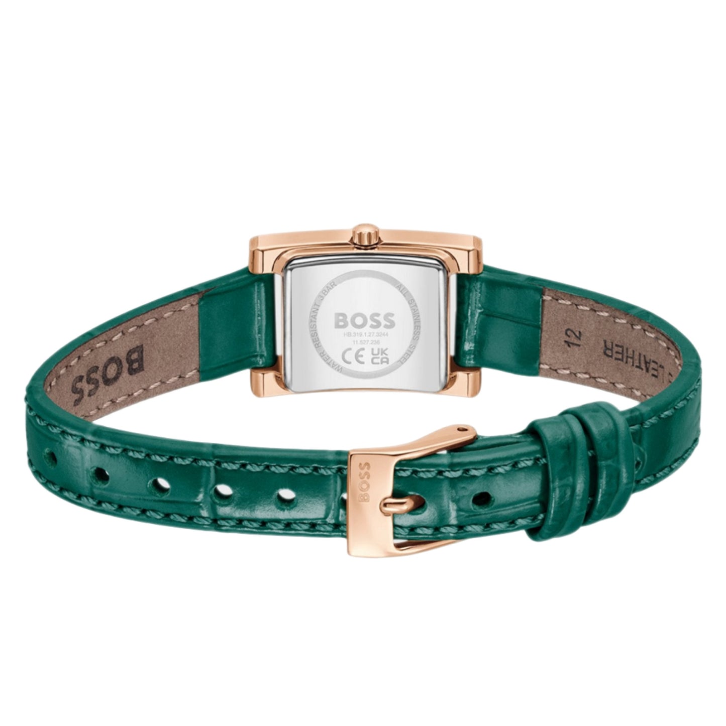 Detalle de la correa de piel verde y cierre con hebilla firmada del reloj Hugo Boss femenino