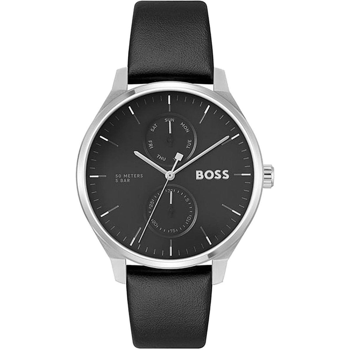 Reloj Hugo Boss Tyler para hombre con esfera negra y correa de cuero, diseño elegante y atemporal.