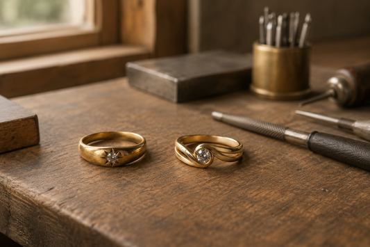 Anillo antiguo y anillo nuevo sobre el banco de trabajo de un joyero
