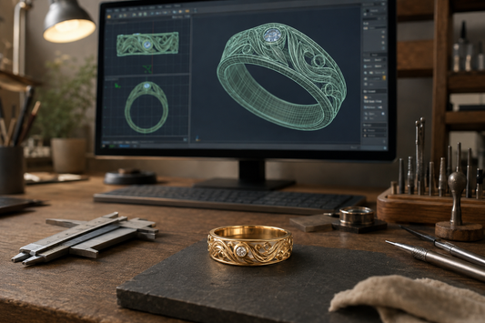 Diseño 3D de un anillo junto a la joya terminada en el taller