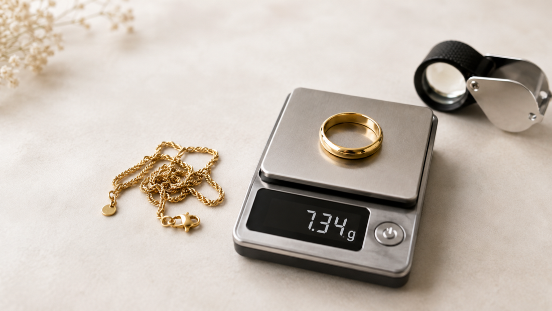 Anillo y cadena de oro sobre una báscula de joyería para valorar su peso y quilates
