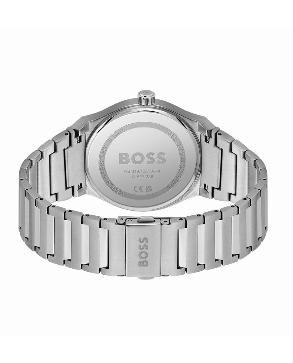 Detalle de la correa de acero inoxidable del reloj Hugo Boss Candor con cierre de hebilla