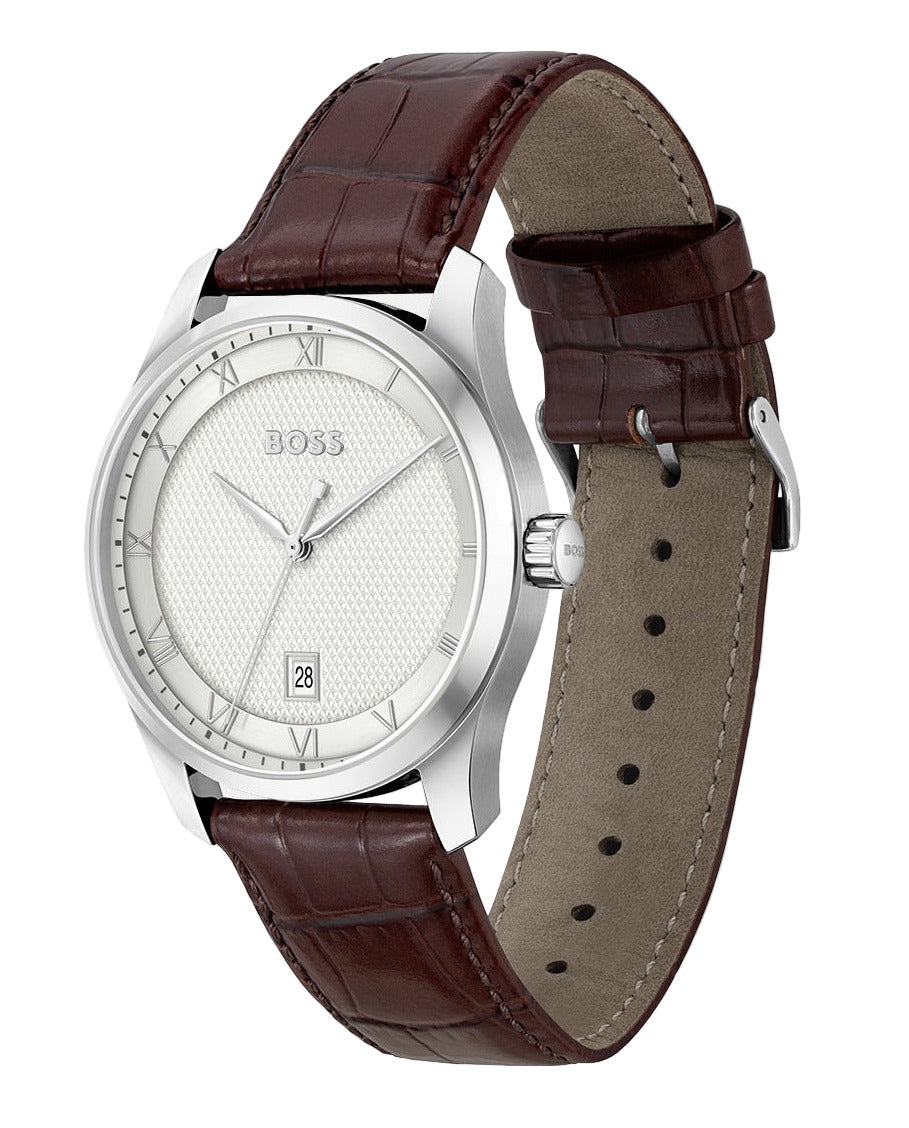 Esfera plateada del reloj Hugo Boss Principle con función de fecha y movimiento de cuarzo