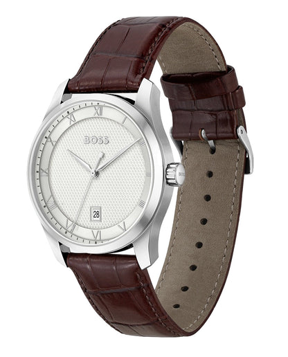 Esfera plateada del reloj Hugo Boss Principle con función de fecha y movimiento de cuarzo