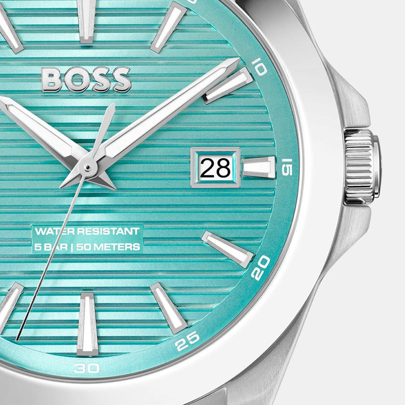 Reloj Hugo Boss, elegante reloj azul con caja de acero, función de fecha y resistente al agua hasta 50 metros.