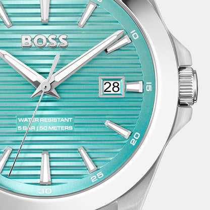 Reloj Hugo Boss, elegante reloj azul con caja de acero, función de fecha y resistente al agua hasta 50 metros.