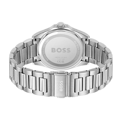 Reloj Hugo Boss con correa de acero inoxidable y fondo de caja elegante, diseñado para hombres con estilo.