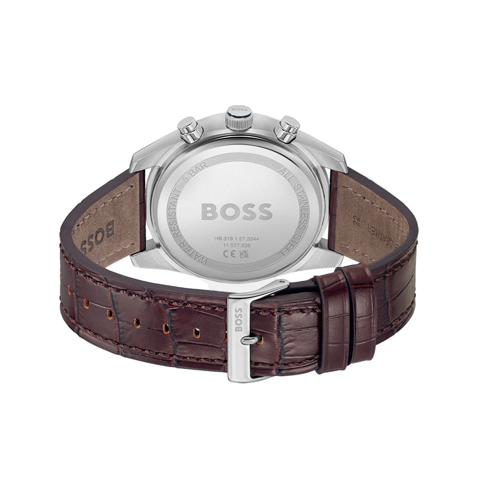 Detalle de la correa de piel marrón con acabado cocodrilo del reloj Hugo Boss Skytraveller Chronograph