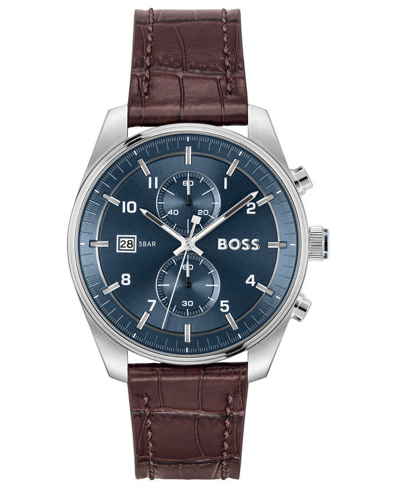 Reloj Hugo Boss Skytraveller Chronograph con esfera azul y correa de piel marrón con textura cocodrilo