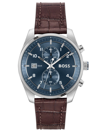 Reloj Hugo Boss Skytraveller Chronograph con esfera azul y correa de piel marrón con textura cocodrilo