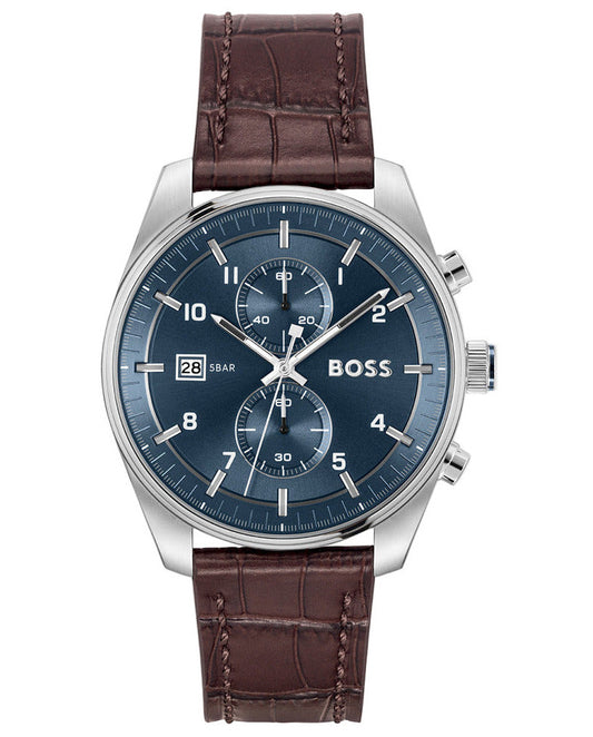 Reloj Hugo Boss Skytraveller Chronograph con esfera azul y correa de piel marrón con textura cocodrilo