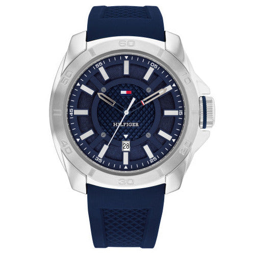 Reloj deportivo Tommy Hilfiger para hombre con caja redonda de acero inoxidable de 46 mm y esfera azul