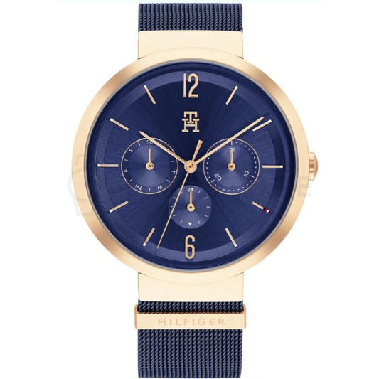 Reloj Tommy Hilfiger para mujer, caja redonda de acero inoxidable chapado en oro rosa y esfera azul
