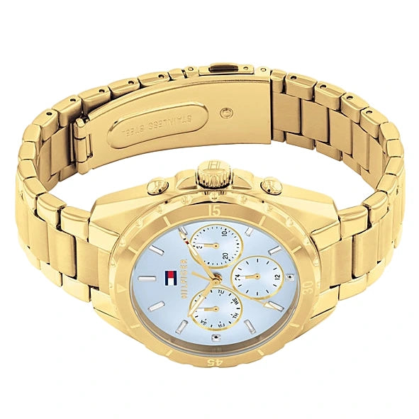 Esfera azul claro del reloj Tommy Hilfiger con tres subesferas y cristales decorativos