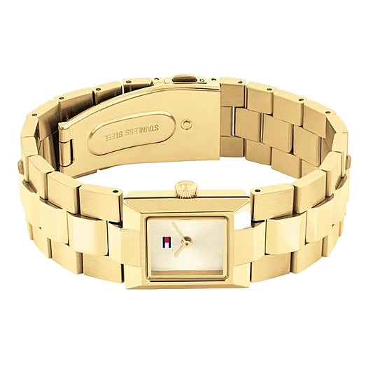 Esfera cuadrada dorada del reloj Tommy Hilfiger con dos agujas