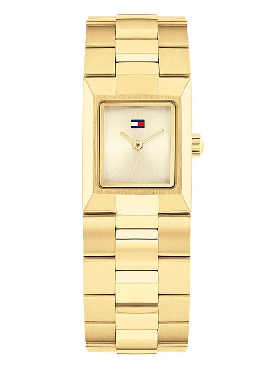 Reloj Tommy Hilfiger para mujer con caja cuadrada de acero inoxidable chapado en oro