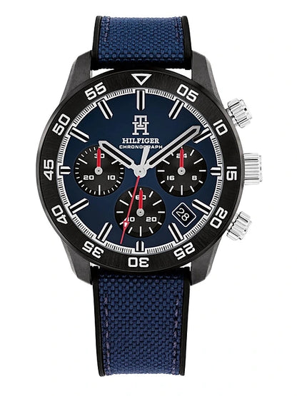 Reloj Tommy Hilfiger para hombre con caja de CFRP negra y esfera de cronógrafo azul marino
