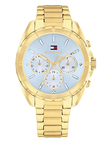 Reloj Tommy Hilfiger dorado para mujer con esfera azul claro