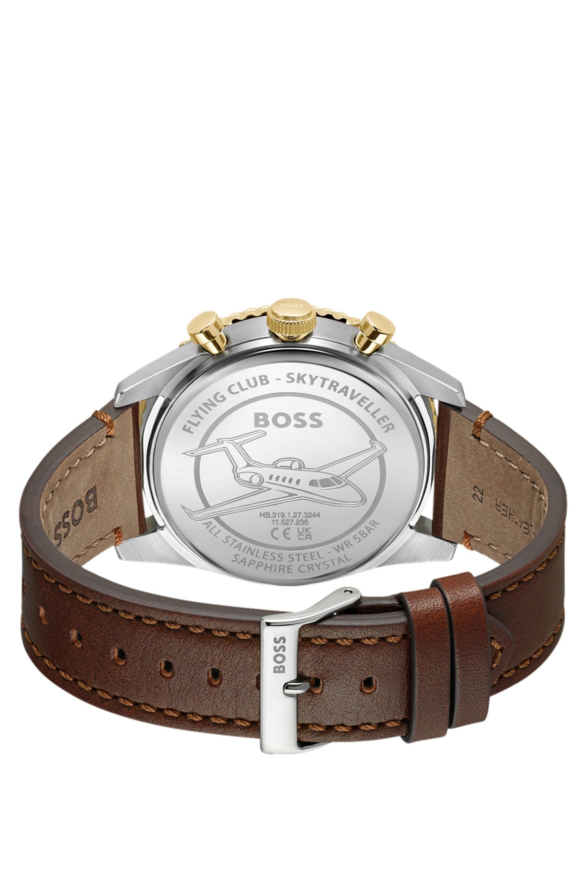 Reloj BOSS Skytraveller Pro 1514346, vista trasera sobre fondo blanco