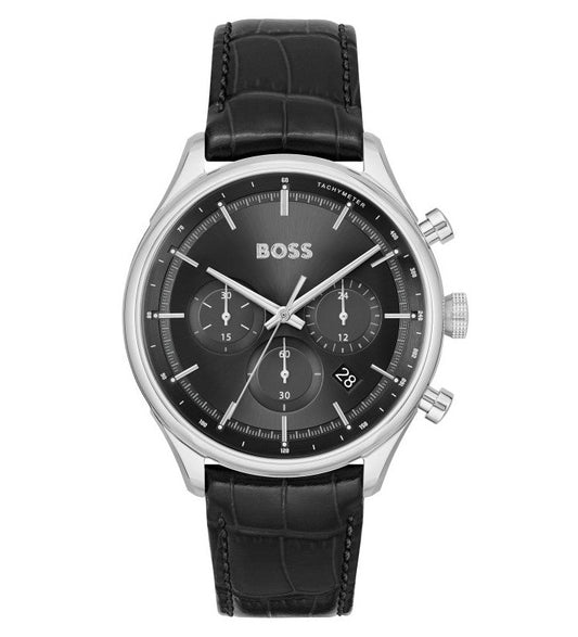Reloj Hugo Boss Gregor Chronograph con esfera negra y correa de piel tipo cocodrilo