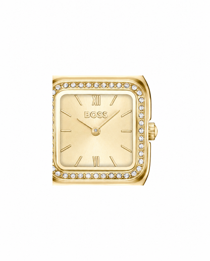 BOSS Mae Petite 1502883 dorado con fondo blanco, detalle de esfera y bisel