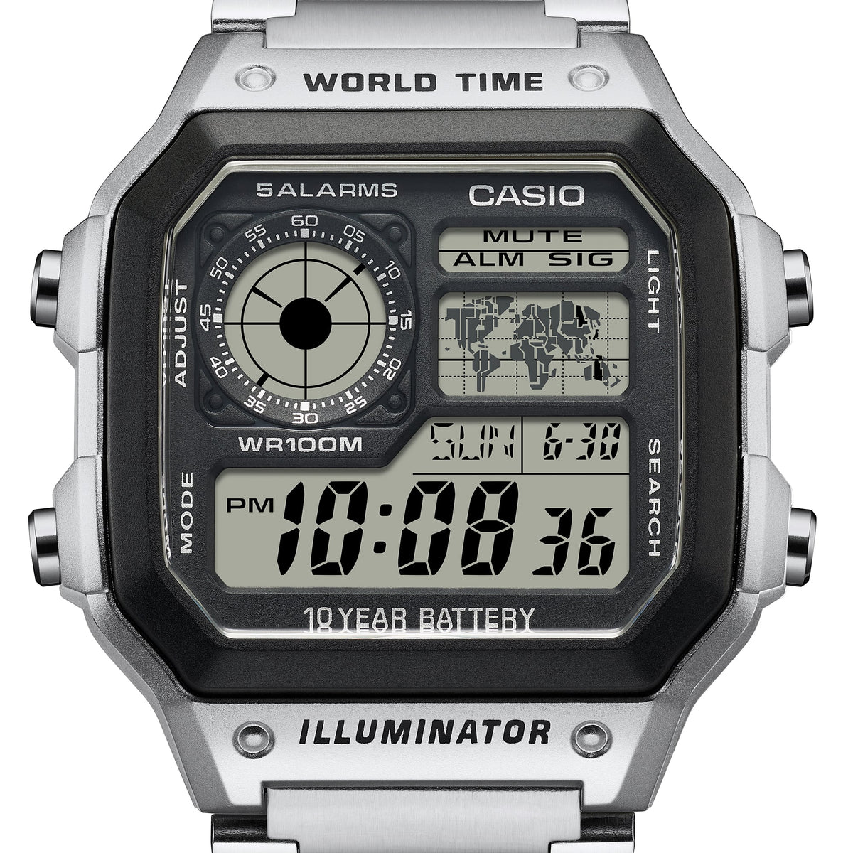 Casio AE-1200WHD-1AVEF, vista de detalle con fondo blanco