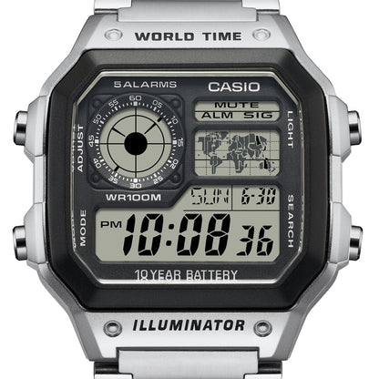 Casio AE-1200WHD-1AVEF, vista de detalle con fondo blanco