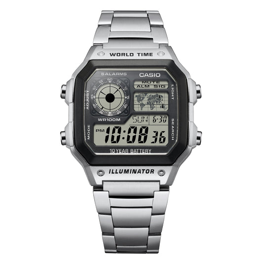 Casio AE-1200WHD-1AVEF, vista frontal con fondo blanco