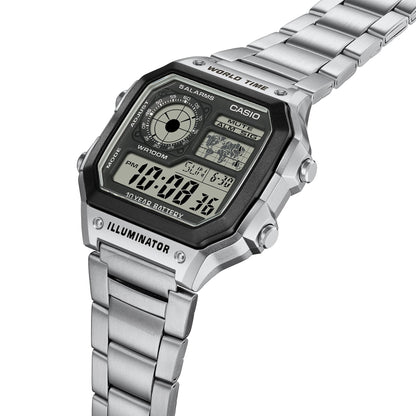 Casio AE-1200WHD-1AVEF, vista en perspectiva con fondo blanco