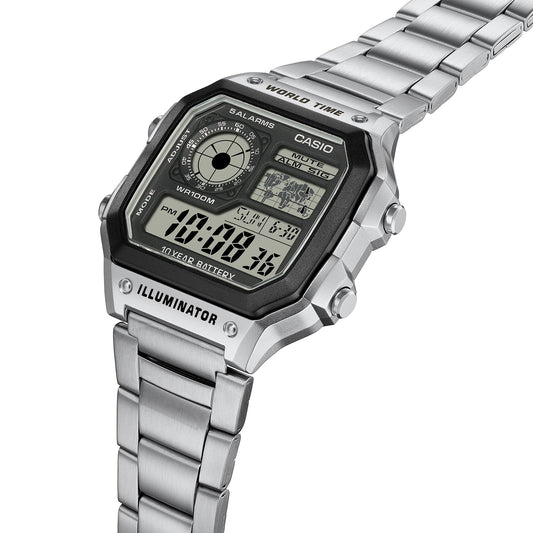 Casio AE-1200WHD-1AVEF, vista en perspectiva con fondo blanco