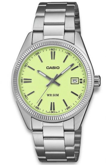 Casio UTP-1302PD-3A2VEF, esfera verde clara, vista frontal con fondo blanco
