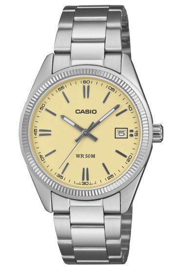 Casio UTP-1302PD-9AVEF, esfera amarilla clara, vista frontal con fondo blanco