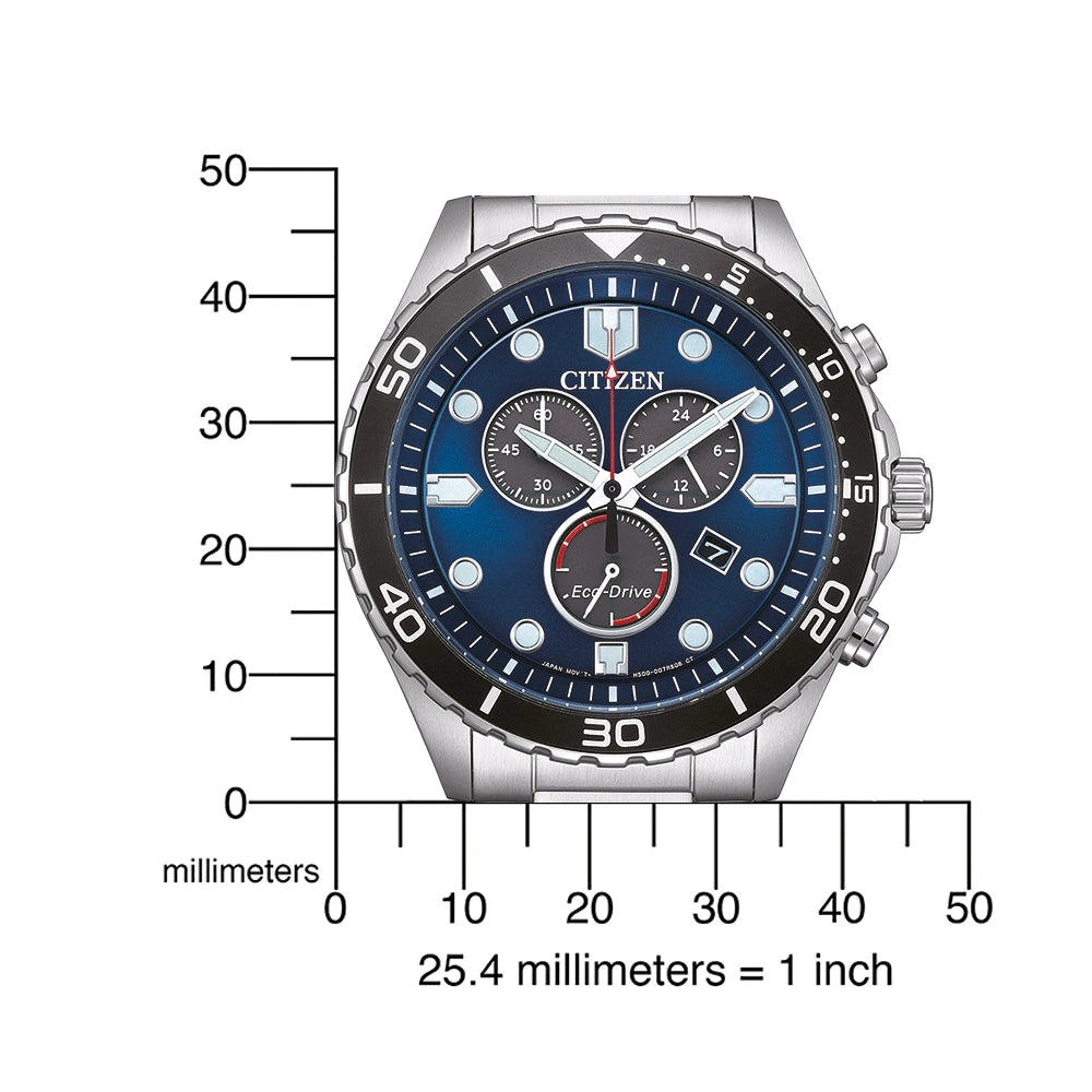 Reloj Citizen Chrono Sporty-Aqua Eco-Drive AT2560-84L de acero con esfera azul, detalle de la esfera