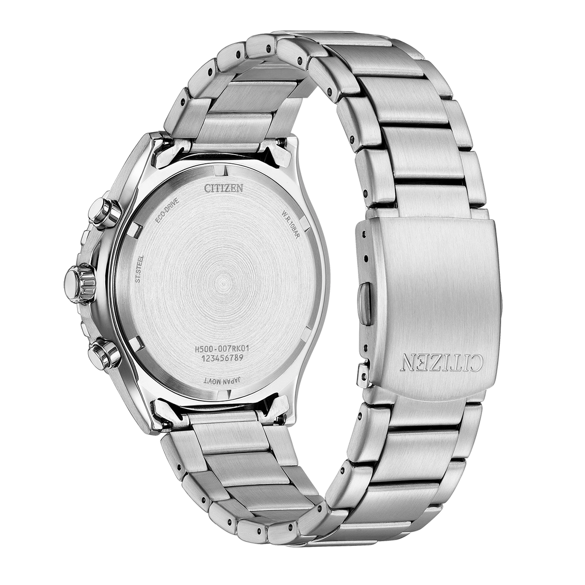 Reloj Citizen Chrono Sporty-Aqua Eco-Drive AT2560-84L de acero con esfera azul, vista trasera