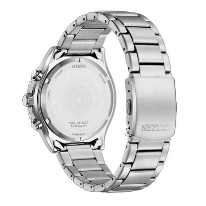 Reloj Citizen Chrono Sporty-Aqua Eco-Drive AT2560-84L de acero con esfera azul, vista trasera