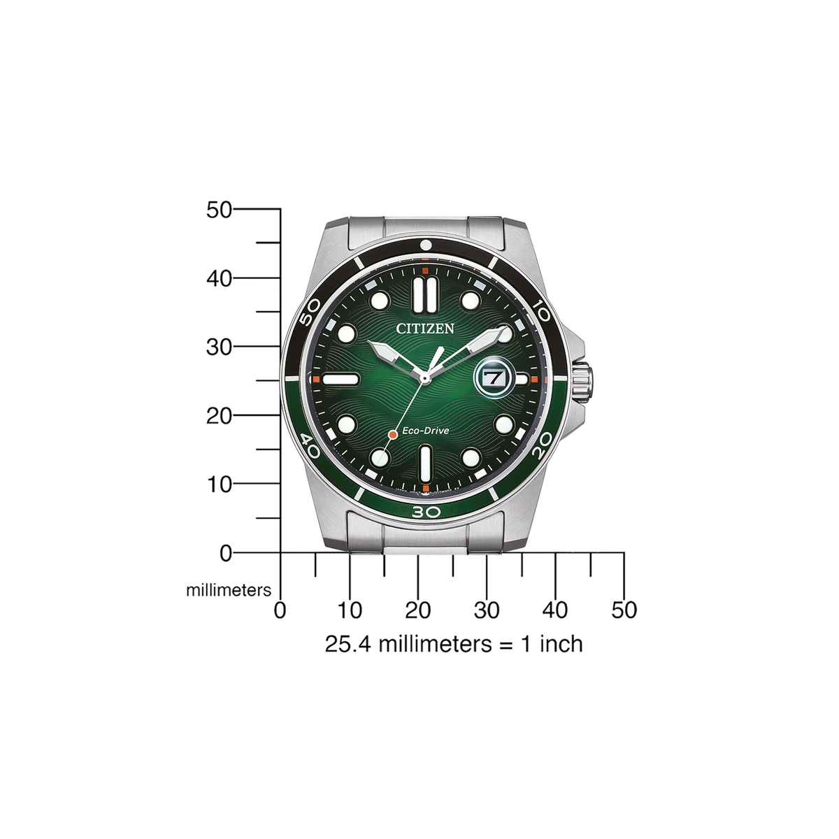 Reloj Citizen Marine 1810 Eco-Drive AW1811-82X de acero con esfera verde, detalle de la esfera