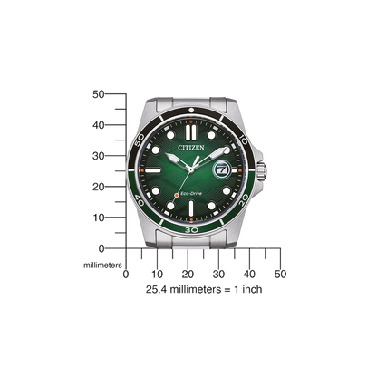 Reloj Citizen Marine 1810 Eco-Drive AW1811-82X de acero con esfera verde, detalle de la esfera