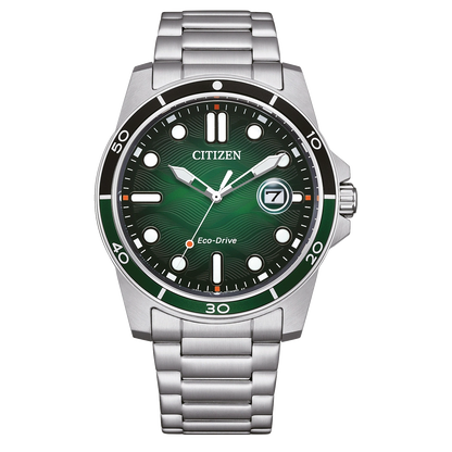 Reloj Citizen Marine 1810 Eco-Drive AW1811-82X de acero con esfera verde, vista frontal